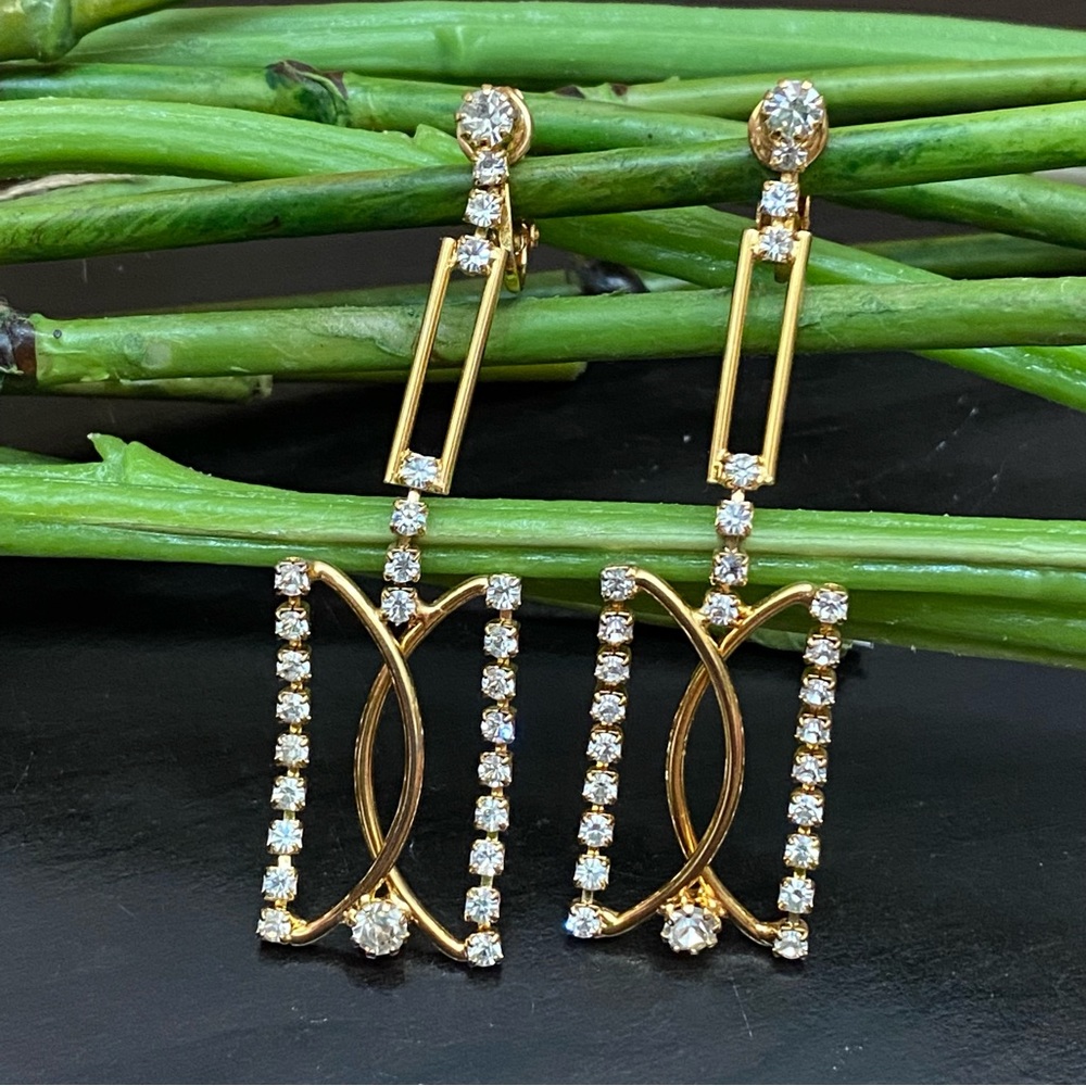 Unsigned Gold & Rhinestone Crystals Clip Dangling Earrings